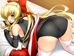 1girl :o all_fours arm_warmers ass bare_shoulders bed_sheet black_sweater blonde_hair blue_eyes blush bow breasts detached_sleeves dress from_behind game_cg hair_bow hair_over_one_eye inoino kouyoku_senki_exs-tia large_breasts large_variant_set leotard long_hair looking_at_viewer looking_back non-web_source official_art on_bed open_mouth ponytail red_bow ribbed_dress ribbed_leotard ribbed_sweater rieszverne_suzette_paladill sideboob sidelocks sleeveless sleeveless_turtleneck solo sweater thighhighs top-down_bottom-up turtleneck variant_set very_long_hair white_thighhighs wooden_floor