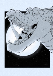 1girl android_18 armpits bikini breasts commentary dragon_ball dragonball_z english_commentary full_moon greyscale highres imminent_vore large_breasts monochrome moon navel sharp_teeth shenron_(dragon_ball) sky spread_legs star_(sky) starry_sky swimsuit teeth yuichi_ishikawa