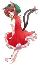 1girl alphes_(style) animal_ears back bobby_socks brown_eyes brown_hair cat_ears cat_girl cat_tail chen commentary_request crying crying_with_eyes_open dairi earrings fang full_body gold_trim green_hat hair_between_eyes hat jewelry large_variant_set long_sleeves looking_at_viewer mob_cap nekomata no_shoes open_mouth parody red_skirt red_vest shirt short_hair single_earring skirt skirt_set socks solo style_parody tachi-e tail tail_raised tears touhou transparent_background variant_set vest white_petticoat white_shirt white_socks