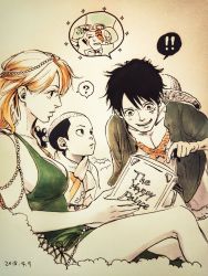 ! !! 1girl 2018 2boys ? age_difference bare_arms bare_legs black_hair book breasts buzz_cut cleavage dated expressionless feet_out_of_frame hat_on_back highres holding holding_book inset kouzuki_momonosuke lips long_hair looking_at_another looking_at_book medium_breasts monkey_d._luffy multiple_boys nami_(one_piece) nose one_piece pointing reading sabo_(one_piece) scar scar_on_chest short_hair simple_background sitting smile speech_bubble star_(symbol) the_happy_prince_(oscar_wilde) very_short_hair