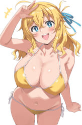 1girl arm_up bikini blonde_hair blue_eyes blush breasts collarbone highres kusano_(torisukerabasu) large_breasts looking_at_viewer navel open_mouth original side-tie_bikini_bottom simple_background smile solo swimsuit teeth upper_teeth_only w white_background yellow_bikini