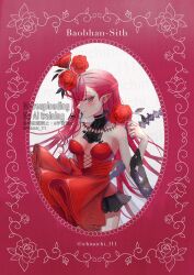 1girl baobhan_sith_(fate) baobhan_sith_(fgo_fes._2025)_(fate) bare_shoulders blush breasts detached_collar dress fate/grand_order fate_(series) flower grey_eyes hair_flower hair_ornament hand_up highres ichimichi_111 long_hair looking_at_viewer pink_hair red_dress smile solo