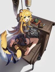1girl absurdres animal_ear_fluff animal_ears barefoot black_shorts blonde_hair clothing_cutout cropped_jacket feet green_eyes hachirodesu highres jacket ju_fufu long_hair looking_at_viewer open_mouth short_shorts short_sleeves shorts sitting soles solo tail tail_through_clothes tiger_ears tiger_girl tiger_tail toes wariza yellow_jacket zenless_zone_zero