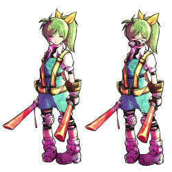 1girl blue_skirt blue_vest bow closed_eyes closed_mouth collared_shirt commentary_request cookie_(touhou) daiyousei diyusi_(cookie) expressionless full_body green_hair grey_shoes hair_bow high-visibility_clothing high-visibility_vest high_ponytail highres knee_pads loose_socks mask medium_hair ponytail puffy_short_sleeves puffy_sleeves respirator shirt shoes short_sleeves simple_background skirt skirt_set socks standing touhou traffic_baton ukiwagirl vest white_background white_shirt white_socks yellow_bow