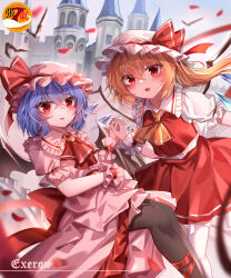 2girls absurdres black_pantyhose blonde_hair blue_hair castle dress fang flandre_scarlet hat highres holding_hands mob_cap multiple_girls open_mouth pantyhose pink_dress pink_hat red_eyes red_skirt red_vest remilia_scarlet shirt skin_fang skirt smile thighhighs top-exerou touhou vest white_hat white_shirt white_thighhighs