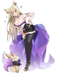 1girl :d ahri_(league_of_legends) animal black_shorts black_thighhighs blonde_hair breasts cleavage earrings fang fox fox_tail full_body hand_on_own_hip headset heart heart_earrings highres jewelry k/da_(league_of_legends) k/da_ahri large_breasts league_of_legends leaning_to_the_side long_hair open_mouth pelicana shoes shorts smile solo tail thighhighs white_background