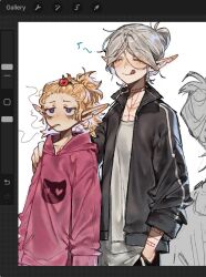1boy 1girl :q arm_tattoo art_program_in_frame bags_under_eyes blonde_hair chest_tattoo cigarette closed_eyes contemporary dungeon_meshi elf fleki grey_hair hair_around_ear hair_bun hair_pulled_back hand_on_another&#039;s_shoulder happy highres hood hoodie jacket licking_lips lycion medium_hair neck_tattoo notched_ear nova_1810 official_alternate_costume official_alternate_hairstyle pink_hoodie pointy_ears ponytail purple_eyes shirt simple_background smoke smoking tattoo tongue tongue_out track_jacket white_background