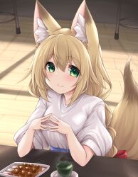 1girl absurdres animal_ears blue_pants blush bow braid breasts brown_hair cup dango denim drink food fox_ears fox_girl fox_tail green_eyes grey_shirt hair_bow highres jeans kinomiki_nobori long_hair looking_at_viewer medium_breasts original own_hands_together pants plate red_bow shirt short_sleeves sitting smile steam table tail wagashi