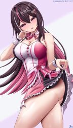 absurdres armanditto ass azki_(3rd_costume)_(hololive) azki_(hololive) breasts brown_hair clothes_lift hair_ornament highres hololive large_breasts looking_at_viewer pink_hair simple_background skirt skirt_lift thighs virtual_youtuber white_hair wrist_cuffs
