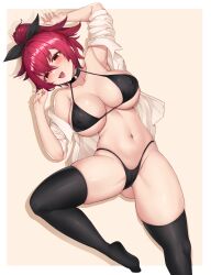 1girl absurdres bikini black_bikini black_choker black_ribbon black_thighhighs breasts cameltoe character_request choker collarbone commission copyright_request covered_erect_nipples deogho_(liujinzy9854) hair_between_eyes hair_ribbon highres large_breasts lying navel on_back open_clothes open_mouth open_shirt pink_hair red_eyes ribbon shadow shirt solo swimsuit teeth thighhighs upper_teeth_only white_shirt