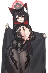 1girl absurdres animal_ear_fluff animal_ears ben-day_dots black_bodysuit black_hair black_nails blue_archive blush bodysuit breasts chronopattern_dress cleavage cleavage_cutout clothing_cutout colored_inner_hair fox_ears fox_girl fox_tail highres large_breasts looking_at_viewer meme_attire multicolored_hair open_mouth screentones shiny_clothes snya_ko solo tail two-tone_hair wakamo_(blue_archive) yellow_eyes