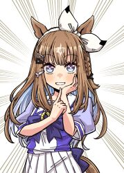 1girl almond_eye_(umamusume) animal_ears bad_source blush braid breasts brown_hair closed_mouth commentary_request emphasis_lines grin hair_ornament hairband hairclip highres horse_ears horse_tail looking_at_viewer medium_breasts multicolored_hair ribbon sasakamakue school_uniform smile solo tail tracen_school_uniform two-tone_hair umamusume white_background