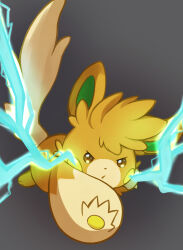 absurdres animal_focus blush_stickers brown_eyes electricity full_body grey_background highres jumping looking_at_viewer mochizuki_reiji nintendo no_humans open_mouth pawmot pawpads pokemon pokemon_(creature) simple_background solo