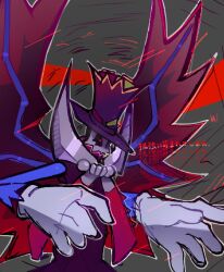 alteredeq black_sclera colored_sclera domino_mask gloves grey_background hat highres mario_&amp;_luigi:_brothership mario_&amp;_luigi_rpg mario_(series) mask nintendo outline red_eyes solo top_hat translation_request white_gloves white_outline zokket