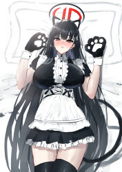 1girl absurdres alternate_costume animal_ear_hairband animal_ears animal_hands apron asao_(asaomm12345) black_dress black_hair black_thighhighs blue_archive blush cat_ear_hairband cat_ears cat_paws cat_tail dress fake_animal_ears fake_tail hairband head_on_pillow highres long_hair looking_at_viewer lying maid_apron on_back parted_lips pillow red_eyes rio_(blue_archive) short_sleeves solo tail thighhighs white_apron