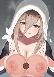 1boy 1girl absurdres aponia_(honkai_impact) black_dress blue_eyes breasts breasts_out brown_hair censored dress grey_background hetero highres honkai_(series) honkai_impact_3rd large_breasts long_hair looking_at_viewer mole mole_under_eye mosaic_censoring ng1sh8 nipples nun open_mouth paizuri penis perpendicular_paizuri pov simple_background smile solo_focus veil
