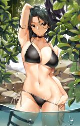 Rule 34 | 1girl, absurdres, arm up, armpits, bare shoulders, bikini, bikini pull, black bikini, black choker, breasts, brown eyes, choker, cleavage, closed mouth, clothes pull, commentary, commission, dripping, english commentary, fate/zero, fate (series), green hair, halterneck, highres, hisau maiya, large breasts, leaf, looking to the side, medium hair, navel, outdoors, partially submerged, rock, second-party source, side-tie bikini bottom, solo, standing, string bikini, swimsuit, thigh strap, thighs, tony guisado, water, water drop