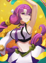 1girl arm_up armpits braid crop_top dancing duel_monster highres long_hair long_sleeves midriff multicolored_hair navel nontraditional_miko norakuma parted_lips pink_hair purple_eyes purple_hair sanaki_the_mikanko_devotee single_braid single_sleeve skirt solo stomach streaked_hair yu-gi-oh!