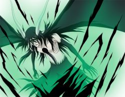 1boy arrancar aura bat_wings black_hair bleach bleach:_brave_souls bleach_bankai_battle claws colored_skin demon_wings expressionless facial_mark fur green_eyes hair_between_eyes holding holding_weapon horns official_art resurreccion resurreccion:_segunda_etapa simple_background solo tail tattoo topless_male ulquiorra_cifer weapon white_skin wings