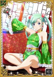 1girl aqua_hair bare_shoulders barefoot blue_eyes card_(medium) dot_nose female_focus full_body hair_bobbles hair_ornament holding ikkitousen looking_at_viewer magatama no_shoes no_socks shokatsuryou_koumei solo swept_bangs