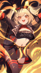 1girl belt black_belt black_skirt blonde_hair breasts burnice_white cleavage cowboy_shot cropped_jacket fire glasses highres light_blush looking_at_viewer medium_breasts navel outstretched_arms red_belt red_eyes skirt so_zei_tama_tama solo spread_arms teeth upper_teeth_only zenless_zone_zero
