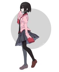 1girl absurdres black_eyes black_hair black_pantyhose black_skirt black_undershirt bob_cut brown_shoes closed_mouth commentary_request empty_eyes from_side full_body hair_between_eyes hand_to_own_mouth hand_up highres loafers long_sleeves looking_at_viewer manimani_(mani_ma) miniskirt monogatari_(series) naoetsu_high_school_uniform oshino_ougi pale_skin pantyhose pink_shirt pleated_skirt profile school_uniform shirt shoes short_hair skirt sleeves_past_fingers sleeves_past_wrists smile solo standing