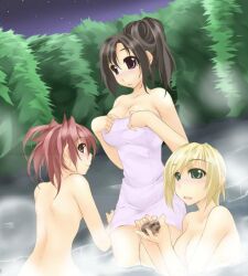3girls annette_harvey atelier-moo back bare_shoulders bathing black_hair blonde_hair breasts brown_eyes cleavage closed_mouth collarbone completely_nude convenient_censoring cowboy_shot forest giselle_theresia green_eyes hair_between_eyes hair_bun large_breasts lasting_anthem long_hair luna_soma medium_breasts multiple_girls naked_towel nature night night_sky nude onsen open_mouth outdoors ponytail red_eyes red_hair short_hair side_ponytail sky smile standing star_(sky) steam towel upper_body