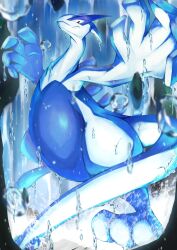 absurdres black_eyes creatures_(company) fang full_body game_freak gen_2_pokemon highres legendary_pokemon long_neck looking_at_viewer lugia nintendo no_humans pokemon pokemon_(creature) ririri_(user_rkrv7838) skin_fang solo standing water_drop wet wings