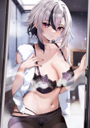 1girl arlecchino_(genshin_impact) bare_arms bare_shoulders black_bra black_hair black_panties black_pantyhose blue_eyes blurry blurry_background bra breasts cleavage closed_mouth collarbone commentary commentary_request genshin_impact grey_hair hair_between_eyes highres indoors large_breasts looking_at_viewer multicolored_hair nail_polish navel panties panties_under_pantyhose pantyhose red_pupils solo squchan steam stomach symbol-shaped_pupils towel towel_around_neck two-tone_hair underwear wet wet_hair white_hair x-shaped_pupils