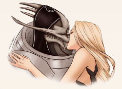Rule 34 | alien, blonde hair, commander shepard, commander shepard (female), couple, hand on another&#039;s back, hand on another&#039;s shoulder, highres, kiss, lrtrevelyan, mass effect (series), saren arterius, turian
