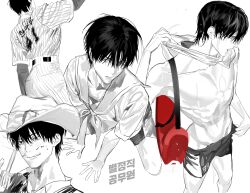 Rule 34 | 1boy, absurdres, ass, back, baseball uniform, chamuring, collarbone, cowboy hat, greyscale, han maru, hashtag-only commentary, hat, highres, korean text, male focus, monochrome, multiple views, short hair, shorts, simple background, special civil servant, sportswear, translation request, white background