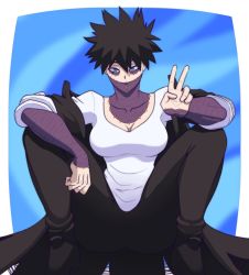1girl black_hair blue_fire boku_no_hero_academia boots dabi_(boku_no_hero_academia) earrings fire genderswap genderswap_(mtf) gradient_hair grey_background grey_hair hensket high_heel_boots high_heels highres jacket jewelry looking_at_viewer multicolored_hair piercing scar short_hair sitting solo