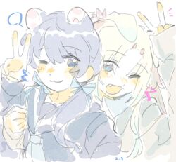 Rule 34 | 2girls, ;3, ;d, animal ears, black sailor collar, black shirt, blank speech bubble, blonde hair, blue eyes, blue hair, blue ribbon, blush, cat ears, closed mouth, commentary, cosplay, dated, dog ears, fang, flower, gradient hair, hair flower, hair ornament, hair ribbon, kan kanna, kan kanna (cosplay), kemonomimi mode, link! like! love live!, long hair, long sleeves, looking at viewer, love live!, low twintails, mole, mole on neck, multicolored hair, multiple girls, murano sayaka, nonaka kokona, nonaka kokona (cosplay), nose blush, notice lines, one eye closed, open mouth, osawa rurino, parted bangs, pink flower, ribbon, sailor collar, school uniform, serafuku, shirt, simple background, sleeves past wrists, smile, speech bubble, symbol-only commentary, twintails, upper body, v, virtual youtuber, voice actor connection, white background, woodonly