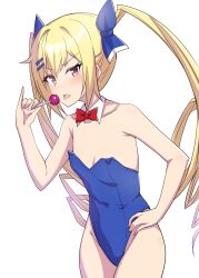 1girl annoyed blonde_hair blue_bow blue_leotard bow bowtie candy cinderella_series collarbone cow detached_collar drill_hair food garukichi groin hachigatsu_no_cinderella_nine hair_bow hair_ornament hairclip hand_on_own_hip highleg highleg_leotard highres holding holding_candy holding_food holding_lollipop kousaka_tsubaki leotard lollipop long_hair looking_to_the_side open_mouth red_bow red_bowtie red_eyes simple_background solo standing strapless strapless_leotard tongue tongue_out twin_drills very_long_hair white_background