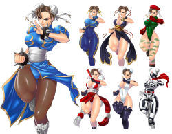 Rule 34 | 1girl, alternate costume, arika, beret, blair dame, blair dame (cosplay), bodysuit, bracelet, breasts, brown eyes, brown hair, bun cover, cammy white, cammy white (cosplay), camouflage, capcom, china dress, chinese clothes, chun-li, cleavage, cosplay, double bun, dress, fatal fury, fighting stance, fingerless gloves, folded fan, folding fan, gloves, hair bun, hand fan, hat, holding, holding fan, jewelry, judge martin, large breasts, leotard, pantyhose, pelvic curtain, sash, scarf, shiranui mai, shiranui mai (cosplay), short hair, simple background, skullomania, skullomania (cosplay), spiked bracelet, spikes, street fighter, street fighter ex (series), street fighter iv (series), street fighter zero (series), the king of fighters, thick thighs, thighhighs, thighs, thong leotard, unitard, white background, wide hips