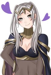 1girl ao_saryaruhu arm_at_side armlet black_bra bodysuit bra bracelet breasts brown_eyes cleavage clenched_hand cloak collar covered_navel eyelashes facing_viewer female_focus fire_emblem fire_emblem_awakening hair_ornament hand_on_own_hip happy head_tilt heart highres jewelry long_hair looking_at_viewer lots_of_jewelry medium_breasts nintendo revealing_clothes robin_(female)_(fire_emblem) robin_(fire_emblem) see-through_bodysuit see-through_clothes sidelocks simple_background smile standing swept_bangs tharja_(fire_emblem)_(cosplay) tiara twintails underwear upper_body white_background white_hair