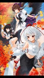 3girls :o animal_ears artist_request ascot autumn_leaves black_ascot black_bow black_bowtie black_hair black_skirt black_wings blush bow bowtie brown_hair cellphone checkered_clothes checkered_skirt detached_sleeves flip_phone frilled_shirt_collar frills game_cg geta ginkgo_leaf grin hair_bow hand_on_own_chin hat hauchiwa highres himekaidou_hatate holding holding_notebook holding_pen holding_phone holding_shield holding_sword holding_weapon inubashiri_momiji leaf letterboxed long_sleeves maple_leaf midriff multiple_girls navel notebook official_art pen phone pom_pom_(clothes) puffy_short_sleeves puffy_sleeves purple_bow purple_hat red_eyes red_hat red_ribbon ribbon ribbon-trimmed_sleeves ribbon_trim shameimaru_aya shield shirt short_hair short_sleeves skirt sleeveless sleeveless_shirt smile socks sword tail tengu-geta third-party_source tokin_hat touhou touhou_arcadia_record twintails weapon white_hair white_shirt white_socks wings wolf_ears wolf_tail