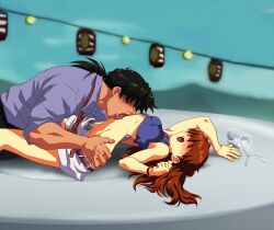 1boy 1girl age_difference amondetauro black_hair blue_shirt breasts crop_top hair_over_eyes hetero highres kaji_ryouji licking licking_stomach long_hair low_ponytail mature_male neon_genesis_evangelion open_clothes open_shorts orange_hair outdoors ponytail shirt short_shorts shorts small_breasts souryuu_asuka_langley watch white_shorts wristwatch