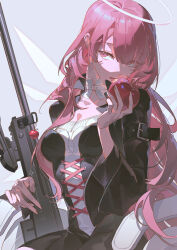 1girl absurdres apple arknights arm_strap arm_up black_dress breasts choker detached_wings dress eating food fruit gun halo highres holding holding_food holding_fruit holding_gun holding_weapon lemuen_(arknights) long_hair long_sleeves medium_breasts open_mouth pink_eyes pink_hair rifle shio_sakanab sitting sniper_rifle solo traditional_halo weapon wheelchair white_choker white_wings wings