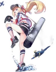 1girl aircraft airplane ass azur_lane bag baseball baseball_cap baseball_glove belt black_belt black_shoes black_skirt blonde_hair blue_eyes blush bogue_(azur_lane) bogue_(retrofit)_(azur_lane) closed_mouth clothes_writing crop_top cropped_jacket double_vertical_stripe duffel_bag eyebrows eyelashes female_focus forehead from_below full_body hair_ribbon hat jacket kaede_(yumesaki_kaede) kneehighs long_hair microskirt multicolored_hat multicolored_jacket multicolored_legwear official_art open_clothes open_jacket pitching ponytail red_ribbon remodel_(azur_lane) ribbon shirt shoes short_sleeves skirt smile socks solo strap tight_clothes transparent_background tsurime water wristband