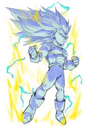 1boy absurdres aura bodysuit boots clenched_hands dragon_ball dragon_ball_daima electricity green_eyes highres limited_palette long_hair male_focus no_eyebrows ota_ta999 partially_colored saiyan_armor simple_background solo spiked_hair super_saiyan super_saiyan_3 vegeta white_background