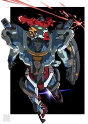 artist_logo border commentary_request flying full_body gquuuuuux green_eyes gundam gundam_gquuuuuux highres logo looking_to_the_side mecha mecha_focus mobile_suit no_humans outside_border robot science_fiction solo space star_(sky) sun v-fin white_border yy_shibata