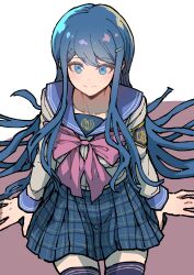 1girl absurdres blue_eyes blue_sailor_collar blue_thighhighs bow bowtie closed_mouth collarbone danganronpa:_trigger_happy_havoc danganronpa_(series) grey_shirt hair_ornament hairclip highres long_hair long_sleeves maizono_sayaka pink_bow pink_bowtie plaid_clothes plaid_skirt pleated_skirt sailor_collar shirt sitting skirt smile solo thighhighs white_background youko-shima