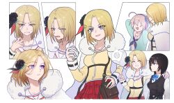 3girls absurdres ahoge aoi_erika black_flower black_hair blonde_hair bow breasts cape cardigan flower fur-trimmed_cape fur_trim green_cardigan green_eyes grey_hair hair_flower hair_ornament heaven_burns_red highres long_sleeves medium_hair minase_ichigo minase_sumomo molingxiang_chimangguo multiple_girls multiple_views rose sailor_collar shirt short_hair skirt vest white_sailor_collar white_shirt