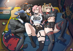 3girls ass blonde_hair blush breasts burnice_white cameltoe covered_erect_nipples curvy female_focus full_body gloves grabbing_own_breast green_eyes heart highres large_breasts long_hair looking_at_viewer lying medium_hair midriff mole mole_on_breast mole_under_eye multicolored_hair multiple_girls nail_polish navel nicole_demara on_back on_bed on_side pink_hair ponytail red_eyes stormfeder streaked_hair sunglasses thighhighs torn_clothes torn_thighhighs twintails underboob zenless_zone_zero zhu_yuan