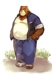 1boy absurdres animal_ears bara bear_boy bear_ears belly blue_jacket blue_pants brown_fur bulge closed_mouth commentary_request fat furry furry_male hand_in_pocket highres jacket juuichi_mikazuki kakukaku_(kakukaku023) looking_at_viewer male_focus morenatsu pants plump tank_top track_jacket track_pants white_tank_top