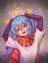1girl amd_aoneko arifureta_sekai_seifuku_(vocaloid) arms_up bandaid bandaid_on_face bandaid_on_nose blue_eyes blue_hair blush commentary_request decorations double-parted_bangs hair_between_eyes hatsune_miku highres layered_sleeves long_hair long_sleeves looking_at_viewer open_mouth red_scarf scarf shirt short_over_long_sleeves short_sleeves solo striped_clothes striped_scarf twintails upper_body vocaloid white_shirt