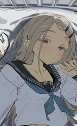 Rule 34 | 1girl, absurdres, blush, brown eyes, collarbone, gakuen idolmaster, grey hair, hair ornament, hairclip, highres, idolmaster, long hair, long sleeves, looking at viewer, lying, on back, parted lips, sailor collar, school uniform, serafuku, shinosawa hiro, shirt, solo, sweat, syhan, upper body, white shirt