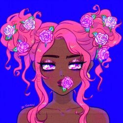 1girl afro_puffs artist_name blue_background closed_mouth collarbone commentary dark-skinned_female dark_skin earrings ears_visible_through_hair english_commentary eyeshadow film_grain flower flower_in_mouth highres hoop_earrings jewelry leaf looking_at_viewer makeup mouth_hold nude nyane pink_eyes pink_eyeshadow pink_flower pink_hair pink_rose portrait purple_lips real_life rose short_hair_with_long_locks sidelocks simple_background solo straight-on thuminnnoo very_dark_skin white_flower white_rose