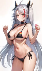 1girl azur_lane bikini black_bikini black_ribbon blush breasts chewing_gum commentary_request cowboy_shot flag_print flag_print_bikini food german_flag_bikini groin hair_over_one_eye hair_ribbon hands_up haruyuki_(karem) hip_focus holding holding_food large_breasts leaning_forward long_hair multicolored_hair nail_polish navel print_bikini prinz_eugen_(azur_lane) prinz_eugen_(unfading_smile)_(azur_lane) red_hair red_nails ribbon side-tie_bikini_bottom smile solo streaked_hair swimsuit thighs two-tone_hair underboob very_long_hair white_hair yellow_eyes